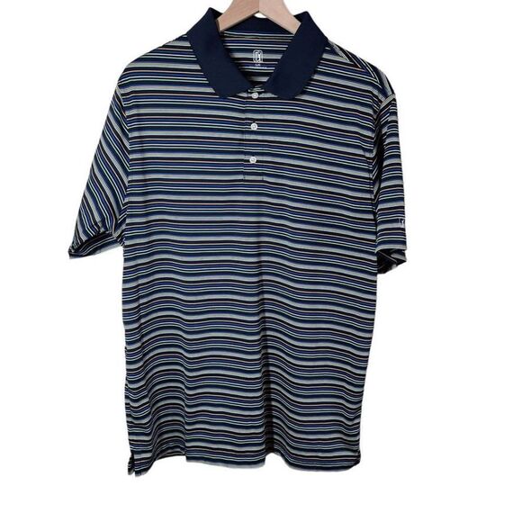 PGA Tour Mens Polo Golf Shirt Large Black‎ Multicolor Stripe Orange Green Blue - Picture 1 of 10